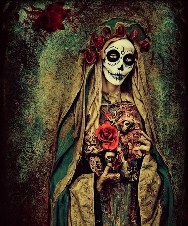 Image similar to tintype virgin mary in dia de muertos dress and make up, horrific beautiful vibe, evocative, atmospheric lighting, painted, intricate, highly detailed,