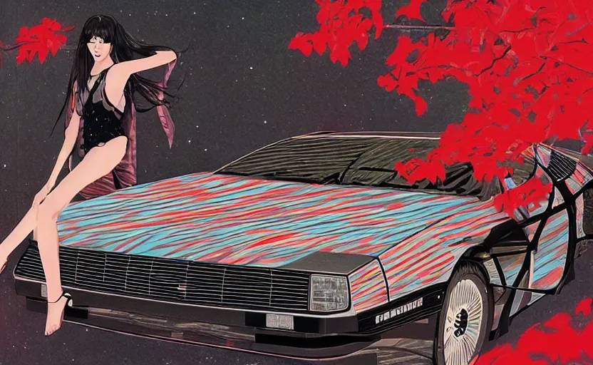 Image similar to a red delorean, tiger stripe backdrop, art by hsiao - ron cheng and utagawa kunisada, magazine collage, # e 4 e 6 2 0, # de 9 5 f 0