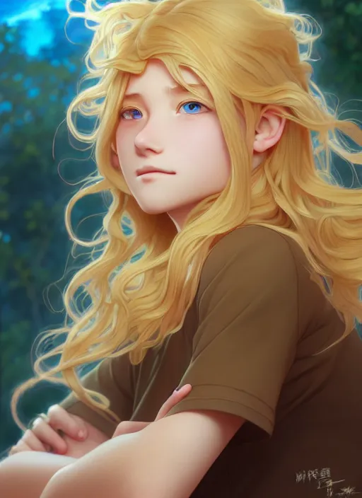 Image similar to teenager with medium - length, curly, golden hair, aquamarine eyes, natural lighting, path traced, highly detailed, high quality, cartoon, digital painting, by new haicheng and ross tran and studio ghibli and alphonse mucha