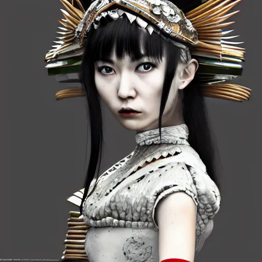 Prompt: japanese maid with extremely detailed headdress, inspired by die antwoord beautiful, hand painted textures, cloth physics, deviantart, karol bak, masamune shirow, black and white, beautiful lighting, photorealistic, concept art, perfect render, 3 d render, pixar, 8 k