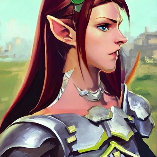 Image similar to greg manchess portrait painting of partially armored female link from legend of zelda as overwatch character, medium shot, asymmetrical, profile picture, organic painting, sunny day, matte painting, bold shapes, hard edges, street art, trending on artstation, by huang guangjian and gil elvgren and sachin teng