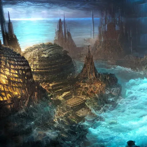 Image similar to photorealistic fantasy concept art of an underwater city, advanced further beyond human civilization, dynamic lighting, cinematic, ray tracing, 8k, ultra detailed