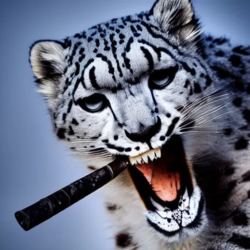 Image similar to a snow leopard with a blunt in his mouth smoking, award-winning photograph