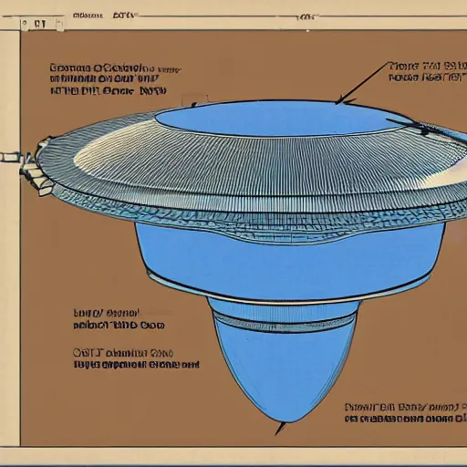 Image similar to a highly detailed technical schematic, blue - print, of a ufo propulsion system