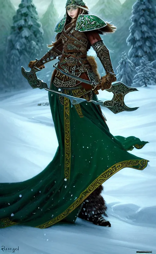 Image similar to emerald viking warrior, regal, elegant, winter, snow, beautiful, stunning, hd, illustration, epic, d & d, fantasy, intricate, elegant, highly detailed, wide angle, digital painting, artstation, concept art, smooth, sharp focus, illustration, wallpaper, art by artgerm and greg rutkowski and alphonse mucha and jin xiaodi