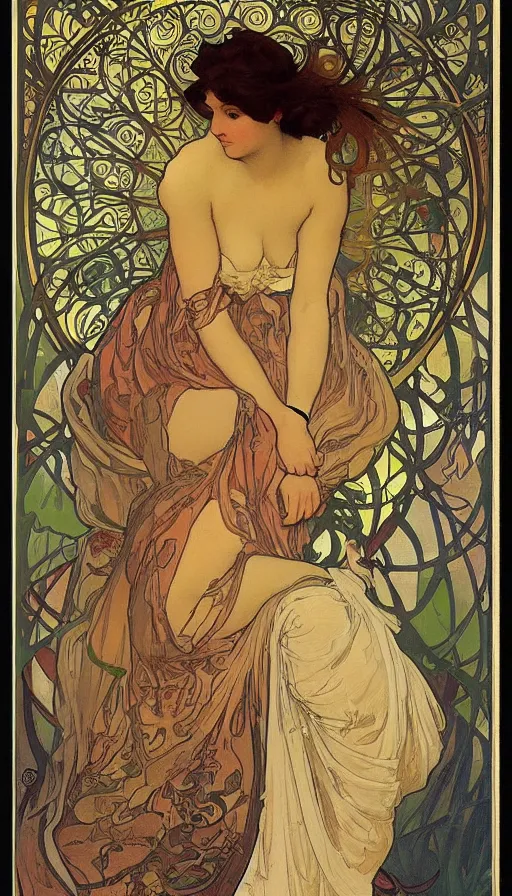 Image similar to beautiful girl,art nouveau,Alfons Mucha