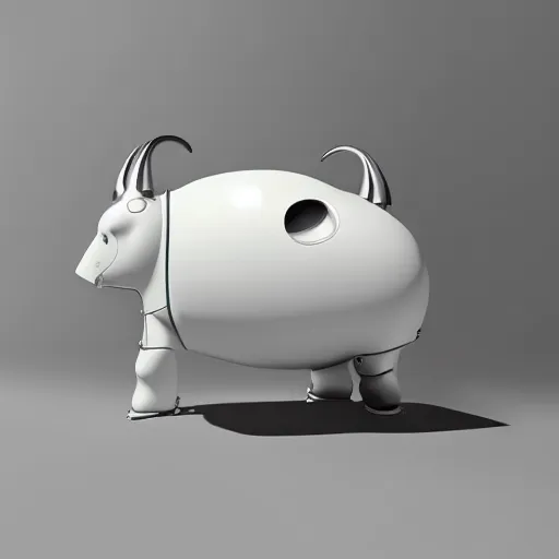 Prompt: a mechanical cow doll with big head and horns, minimalist style, metal, 3D art, in style of Baymax, smooth, 8k