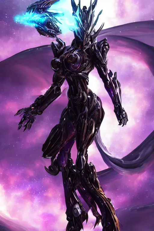 Prompt: galactic hyperdetailed elegant beautiful stunning giantess anthropomorphic mecha sexy hot female dragon goddess, jagged spines, metal ears, sharp purple eyes, sharp black skin, jagged black armor, bigger than galaxy, epic proportions, epic scale, epic size, warframe destiny fanart, dragon art, furry, goddess, giantess, furaffinity, octane render