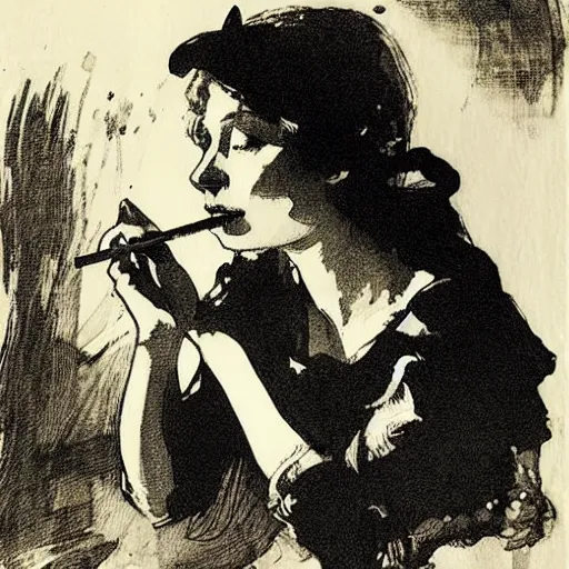 Prompt: the alchemical art of etching by master anders zorn. damsel smoking a long cigarette. ink highly detailed lines