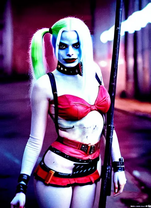 Image similar to 5 0 mm photo of beautiful suicide squad happy margot robbie with long white hair that looks like harley quinn standing on the wet street of dystopian gotham city at night, angry frown, seductive camisole, pinup, glamour fashion pose, watercolor, frank miller, moebius, jim lee, cinematic, ridley scott, lens flare, dramatic lighting, annie leibowitz