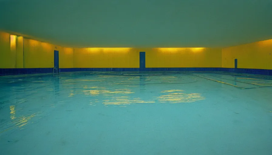 Image similar to movie still by andrei tarkovsky of an empty municipal swimmingpool with yellow tiles with light blue tiles, high quality, high detail, liminal space style