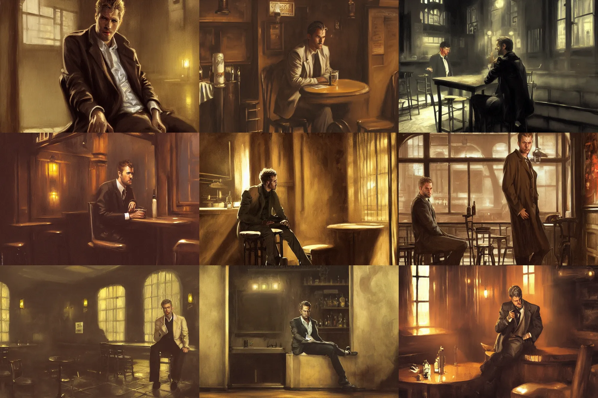 Prompt: matte painting character illustration of john constantine sitting down in a shadowed corner of the room at a dive bar in london, digital painting, illustration, constantine, john singer sargent, gothic, amazing values, 8 k, symmetrical face details, photorealistic eyes, moody lighting, art by j. c. leyendecker