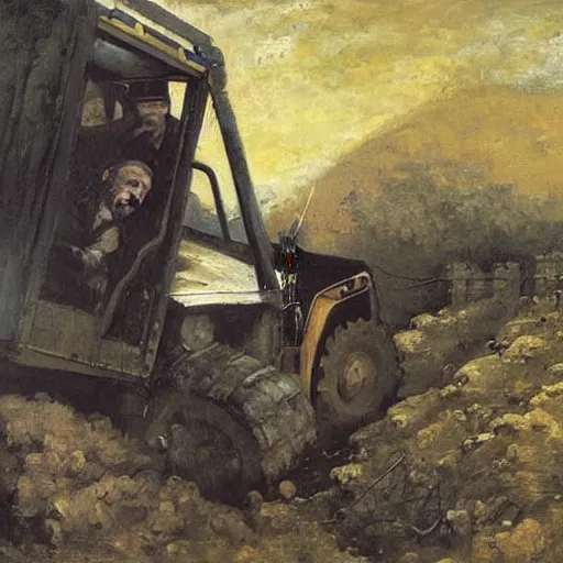 Prompt: gustave courbet painting of rob voltage cross laughing manically whilst driving a jcb digger through the gates of hell