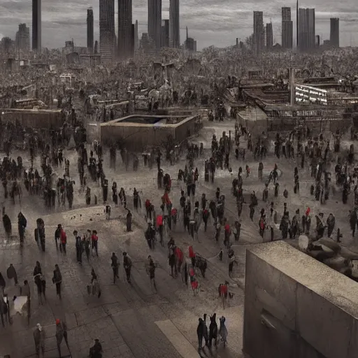 Prompt: hordes of drone-like people aimlessly walking around a depressing dystopian cityscape , trending on artststion, hyper realistic, surreal, melancholic, 8k, upscaled