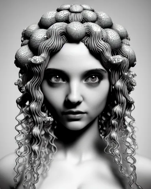 Image similar to mythical dreamy underwater artistic black and white 3 d render of a translucent beautiful young female angelic - medusa - vegetal - doll, highly detailed, intricate crystal ivy jelly ornate, poetic, translucent algae ornate, digital art, octane render, 8 k artistic photography, photo - realistic, hg giger flora borsi