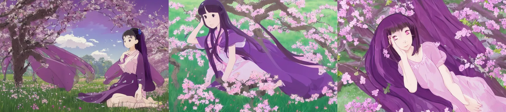 Prompt: beautiful ultrawide portrait of Japanese girl with pink eyes and full body, her face is a mauve flower, beuatiful face, with colorful purple gown with white sheen and long hair, sitting on apple tree, awesome, bright colours, trending on artstation, cute and modest, by Studio Trigger and Studio Ghibli, by Makoto Shinkai, by katsushika hokusai