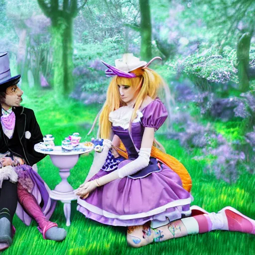 Prompt: 2 figures, Alice in Wonderland having a tea party with the Mad Hatter, in the style of Magic Realism, inspired by shoujo manga, harajuku street fashion, John Singer Sargent, Möbius, Neil Gaiman, yayoi kusama, Grimes, pastel goth, dramatic composition, ethereal, gradients and chromatic aberration effects, Victorian, moody, photorealistic 4k detail, Arnold render