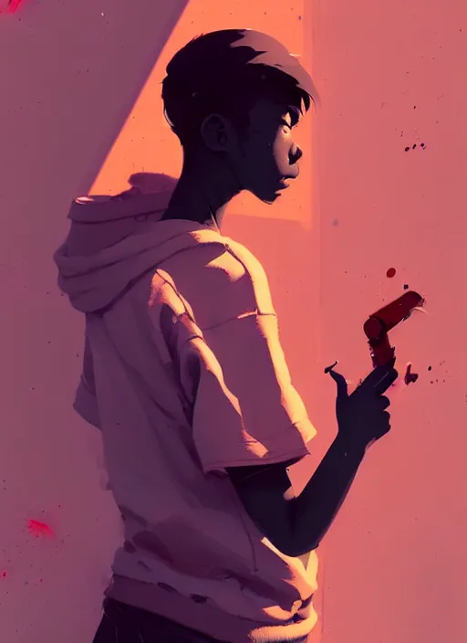 Image similar to highly detailed graffiti of a teenager, by atey ghailan, by greg rutkowski, by greg tocchini, by james gilleard, by joe fenton, by kaethe butcher, gradient violet, black, red, cream and white color scheme, award winning details