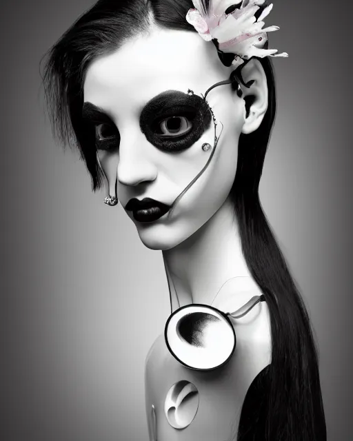 Prompt: black and white dreamy foggy poetic smoky profile face portrait, one silver steampunk realistic eye biomechanical beautiful angelic young female cyclope - cyborg - robot bust, body ribs meshes,, volumetric light, hibiscus flowers, by man ray, rim light, big gothic fashion pearl embroidered collar, 8 k