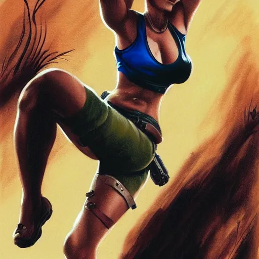 Prompt: out of shape tired Lara Croft in the style of Boris Vallejo, background in the style of Manjit Bawa