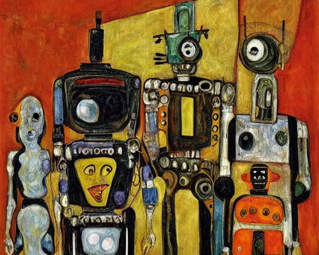 Image similar to a painting of a robot family portrait by graham sutherland, egon schiele, expressionism