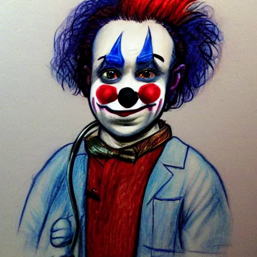 Prompt: a drawing of a clown with a stethoscope and blue shirt, face paint, a character portrait, trending on deviantart, neoplasticism, creepypasta, freakshow, macabre, white background