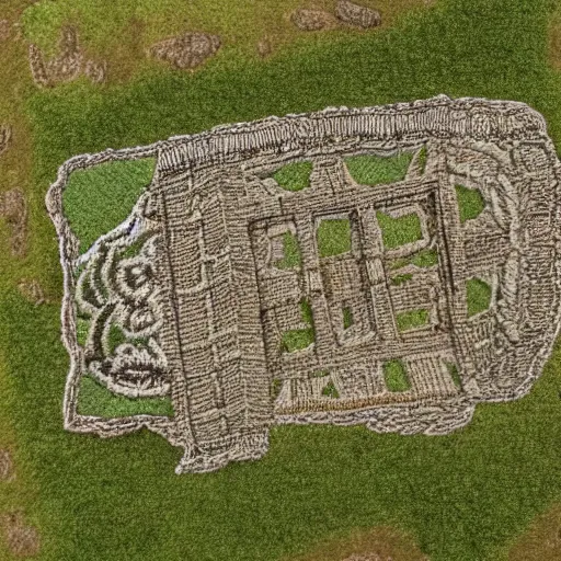 Prompt: a simple handmade embroidery of the ruins at housesteads roman fort, aerial view. hand stitching