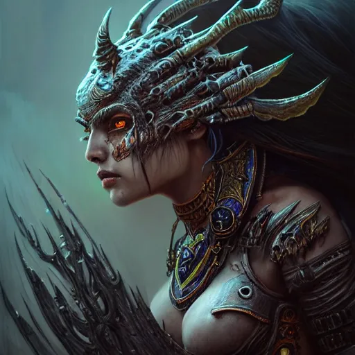 Image similar to a highly detailed Long shot photo of chthonic warcraft Draka female character by Ayami Kojima, Beksinski, Giger,intricate, digital painting, artstation, intricate, concept art, smooth, sharp focus, illustration