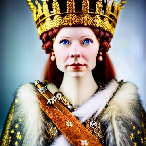 Image similar to portrait photograph of a very beautiful nordic queen with ornate cloak, bokeh, graflex camera, macro 25mm