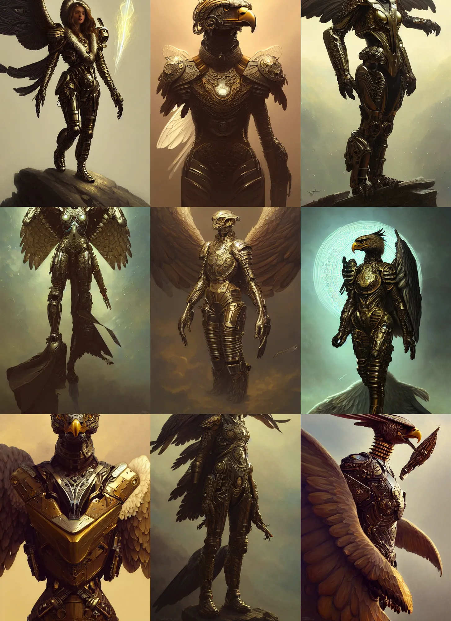 Image similar to a anthropomorphic eagle wearing scifi armor, diffuse lighting, fantasy, intricate, elegant, highly detailed, lifelike, photorealistic, digital painting, artstation, illustration, concept art, smooth, sharp focus, art by John Collier and Albert Aublet and Krenz Cushart and Artem Demura and Alphonse Mucha