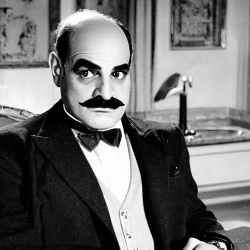 Image similar to scene of the hercule poirot tv serie featuring david suchet shaved