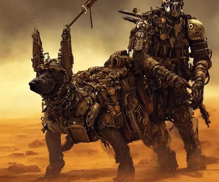 Image similar to a good ol'bloodhound dog fursona ( from the furry fandom ), heavily armed and armored facing down armageddon in a dark and gritty version from the makers of mad max : fury road. witness me.