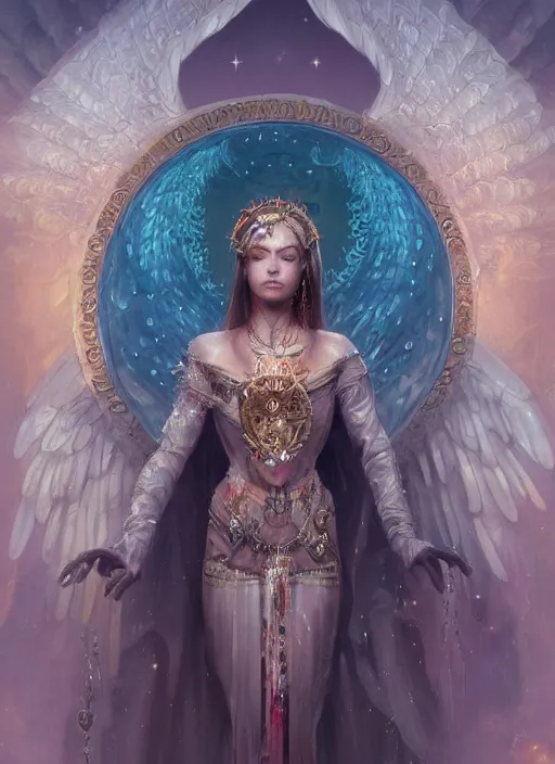 Image similar to A beautiful digital painting of a female Seraphim full of jewels, princess, the moon behind her, intricate, cinematic lighting, highly detailed, digital painting, Artstation, concept art, smooth, sharp focus, illustration, art by Tom Bagshaw, Artgerm and Greg Rutkowski