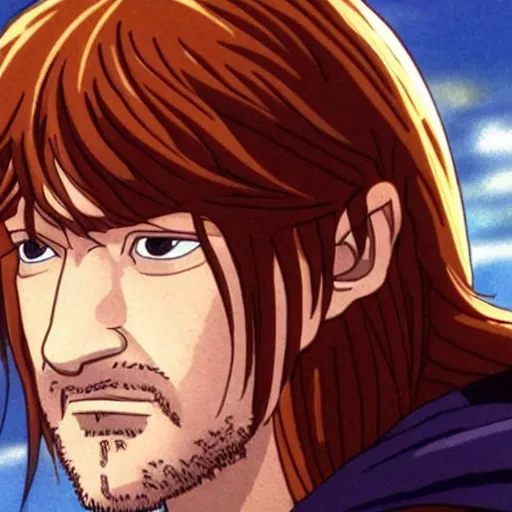 Image similar to boromir from the anime lord of the rings (1986), ginger hair, looking serious, some beard, studio ghibli, very detailed, realistic