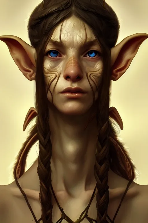 Image similar to portrait of an elf - goblin crossbreed using the golden ratio, highly detailed, digital painting, artstation, sharp focus, illustration, art by tan zi and ayanamikodon and alphonse mucha and wlop