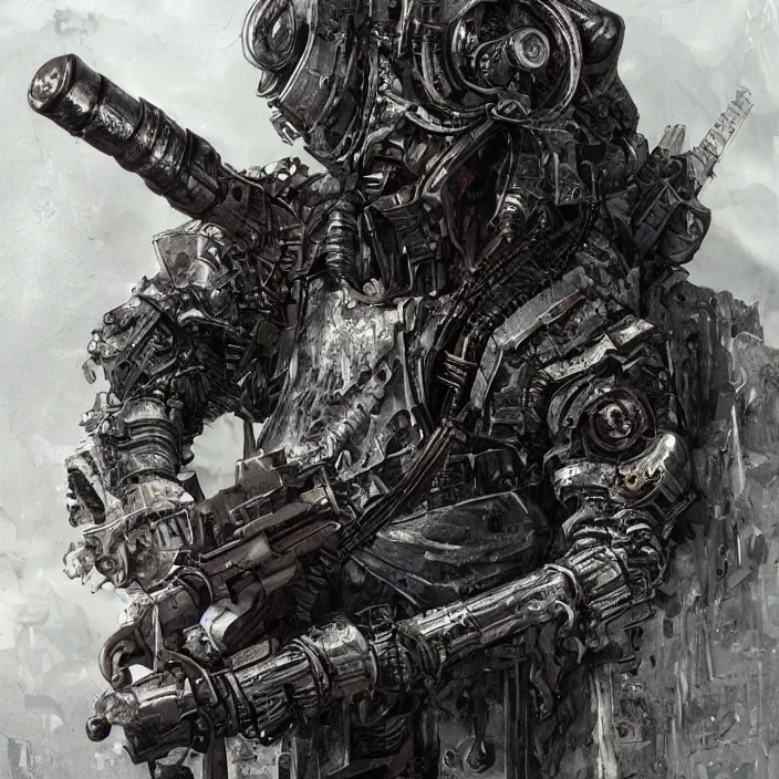 Image similar to gritty hooded apocalyptic cyborg shouldering laser - rifle, destroyed machinery, hyper - detailed, sharp focus, 4 k ultra hd, fantasy dark art, apocalyptic art