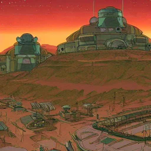 Image similar to a martian colony, digital painting by moebius, daniel taylor, darius puia, and studio ghibli