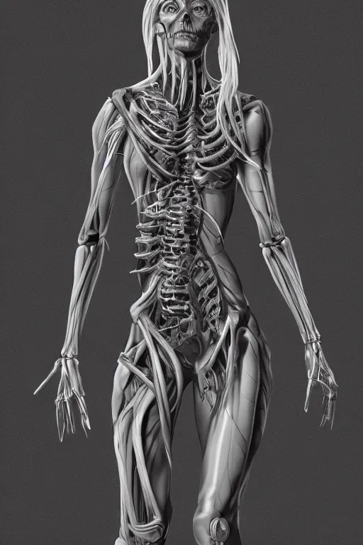 Image similar to symmetry!! full body female medusa anatomy concept, medical anatomy, cybernetic implants, gun metal grey, mecha limbs, muscular system reference, chrome skeleton, anatomical art, digital art, in the style of amanda lilleston, luka mivsek, bryan christie, ranjit ghosh, artstation, pinterest, deviantart, photoshop, octane render, unreal engine