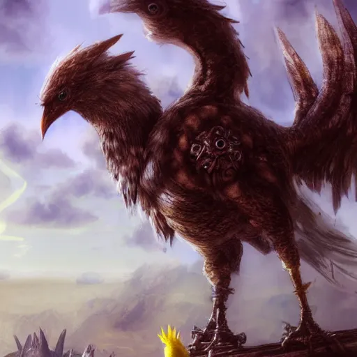 Prompt: chocobo final fantasy in the art style of breath of the wild and luis royo, grimdark dramatic lighting, digital art, intricate, highly detailed, matte painting, fine art