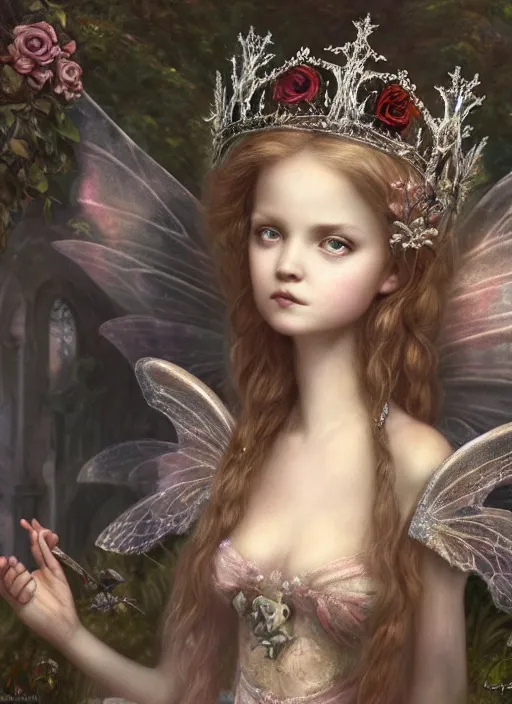 Prompt: highly detailed closeup, portrait of a gothic fairy princess wearing a crown and sitting on a throne, simple hands with straight fingers, unreal engine, nicoletta ceccoli, mark ryden, earl norem, lostfish, global illumination, detailed and intricate environment