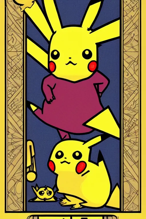 Prompt: Pikachu tarot card, art nouveau style, trending on artstation