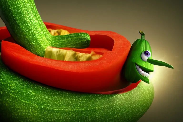 Image similar to detailed 3 d render of a mad zucchini with a long sword chasing after a panicking tomato, hyper realistic octane render, dramatic lighting, high speed chase, wide angle, nightmare, adult pixar surrealism