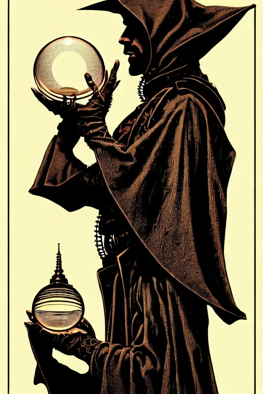 Prompt: side view of a sitting cloaked steampunk wizard holding crystal ball, high details, intricately detailed, by vincent di fate, inking, 3 color screen print, masterpiece, trending on artstation,, sharp, details, hyper - detailed, hd, 4 k, 8 k