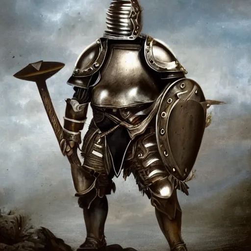 Image similar to a minotaur wearing steel plate armor and holding a mace