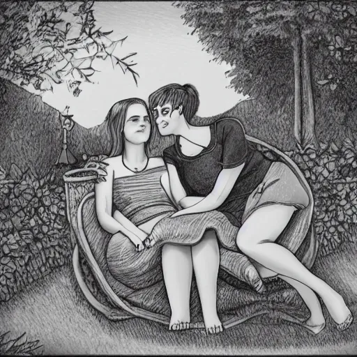 Image similar to couple cuddling, two women, one short - haired blonde, one goth brunette, in garden, romantic, highly detailed illustration