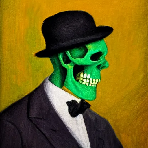 Image similar to a portrait painting of a man with a skull as his head, man is wearing a suit, the skull is green, in the style of edward hopper, 4 k,