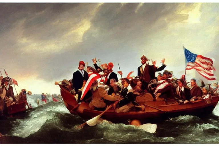 Image similar to Donald Trump crossing the delaware there is an arbys sign in the background by Emanuel Leutze