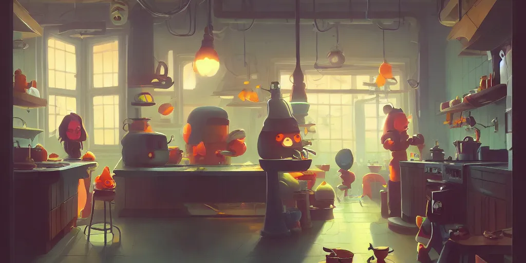 Image similar to cute kitchen dim lit by a candle ripped physique simon stalenhag gerald brom bastien grivet by greg rutkowski and peter chan portrait game background fisheye lens day of the tentacle