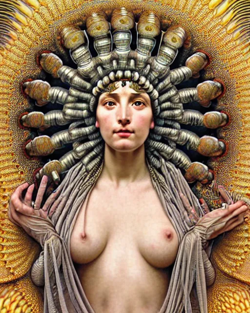 Image similar to hyperrealistic detailed face portrait of the beautiful goddess of the giant isopods with an intricate golden ornamental geometrical fractal giant isopod masked headdress, art by ernst haeckel, john william godward, android jones, alphonso mucha, h. r. giger, gothic - cyberpunk, ornamental, dimmed pastel colours,