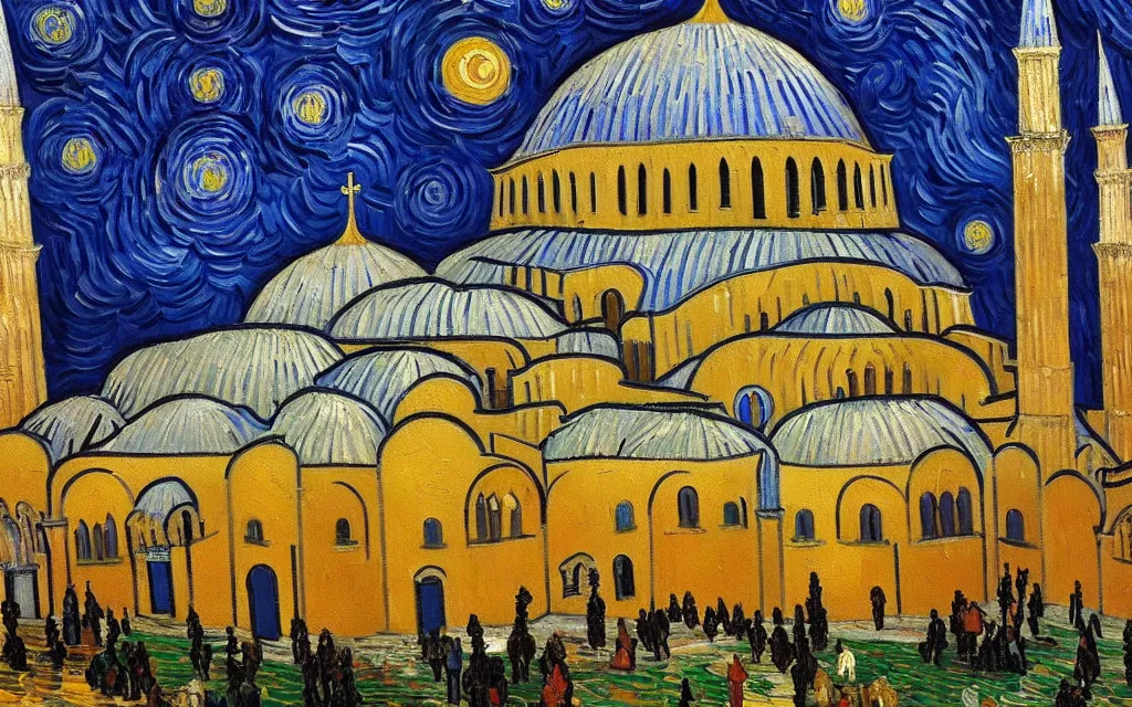 Image similar to detailed expressionist oil painting by van gogh of the hagia sophia church of constantinople, beautiful byzantine architecture, landscape painting, expressionism, 8 k resolution, smooth, sharp focus, matte painting, dramatic lighting, small bushstrokes